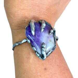 Amethyst Claw Cuff Bracelet, Artisan Crafted w/Silver Blend Boho-Style Metalwork